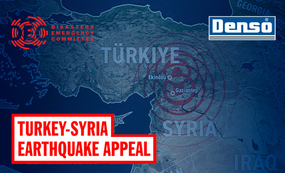 A map of regions affected by the Turkey Syria earthquake with a blue semi-transparent overlay and multiple branded logos
