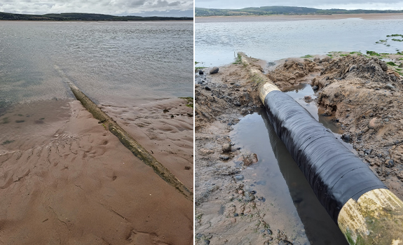 Before and after comparison of a buried gas pipe entering a body of water. The after image shows the pipe exposed and with a black tape system wrapped around it.