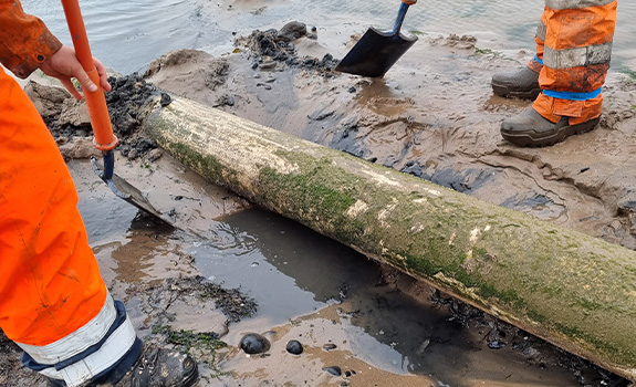 People in high vis clothing with spades digging up sand around a pipe covered in marine growth