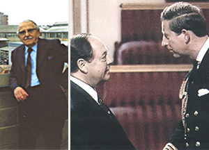 A split image showing the late Frank Coales and David Winn receiving his OBE from the Prince of Wales