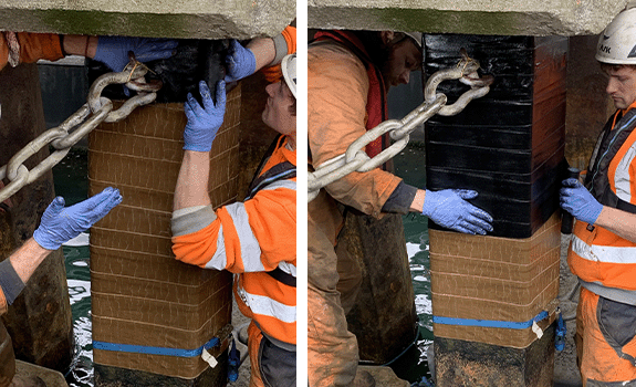 Multiple stages of the application of a black tape (Denso Glass Outerwrap UV) over the top of the brown tape.
