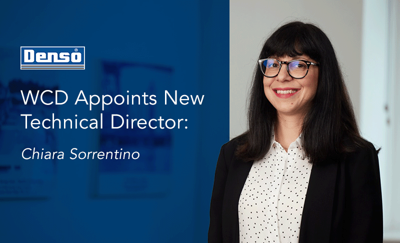 White text on a blue background announcing Chiara Sorrentino as Denso's new Technical Director, with a picture of her alongside the announcement.