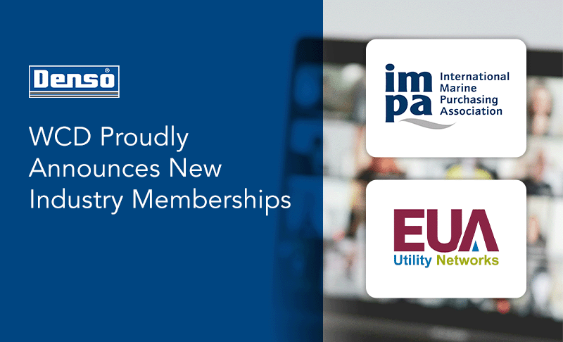 To the left, white text on a semi-transparent blue background announcing the company's new industry memberships. To the right, to company logos on white tiles, with the entire background covered with a blurred laptop screen.