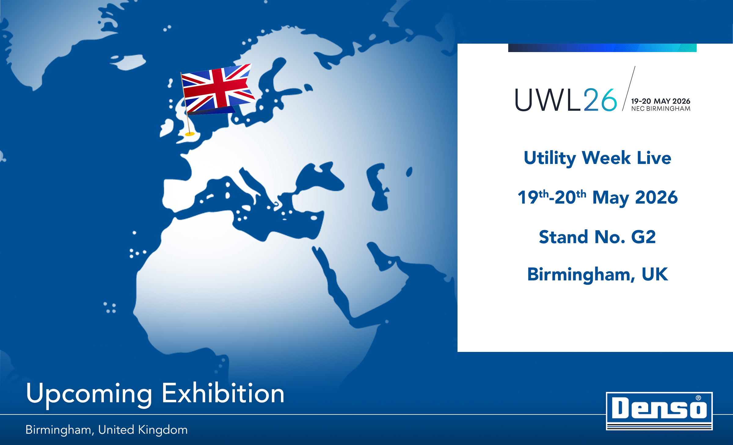Exhibition graphics with UK flag and world map displaying details for Utility Week Live 2026