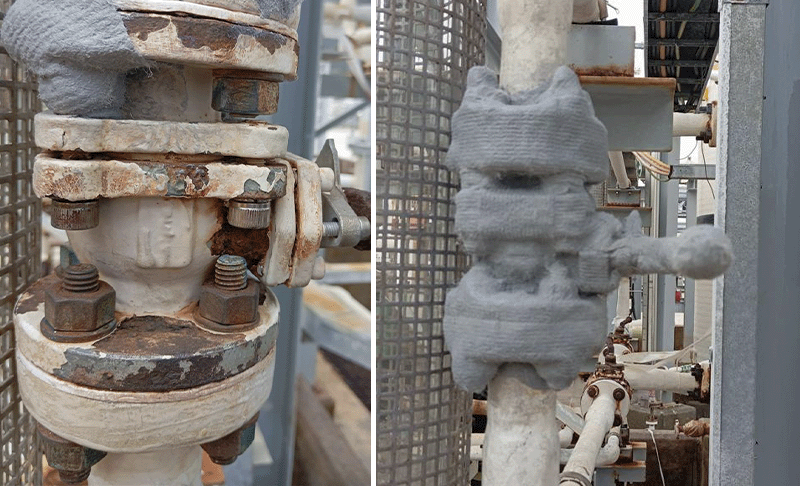 Flanges showing visible deterioration from the corrosive environment (left) before wrapping with Denso ColourTape (right).