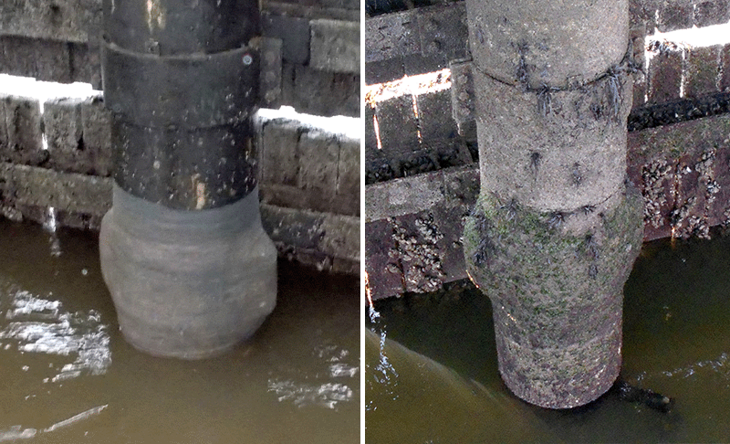 A tape system applied around a jetty pile that is standing in water, followed by a photo of the same system 10 years later, still in place but covered in light marine growth.