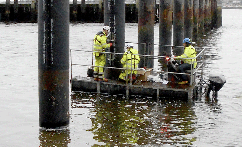 Three workers in high vis jackets and full PPE working on a floating pontoon and applying a black jacket to a jetty pile that is supporting a walkway to an offshore landing stage.