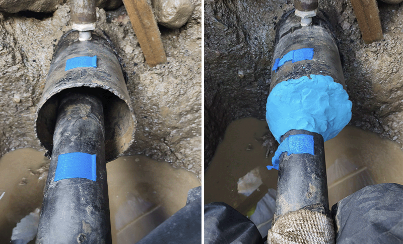 A pipe entering a larger pipe with two blue piece of tape stuck to both pipes, with another image on the right of the same pipe but with the blue tape peeled back and the gap between the pipes filled with blue putty.