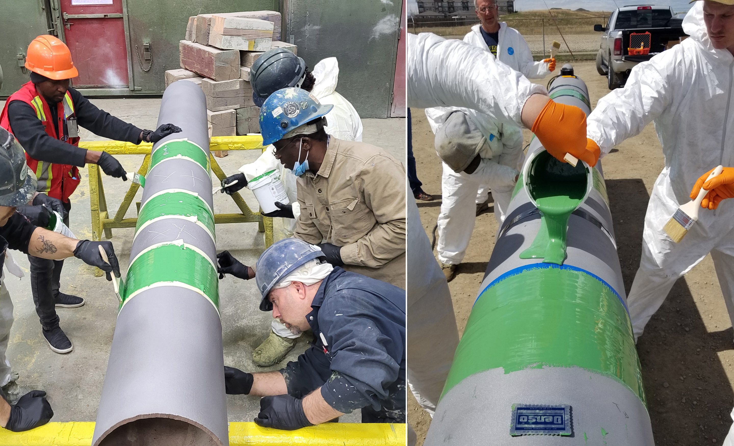 Denso™ Viscotaq™ coated pipe lengths in storage at a pipe mill yard, awaiting delivery to the pipe construction site